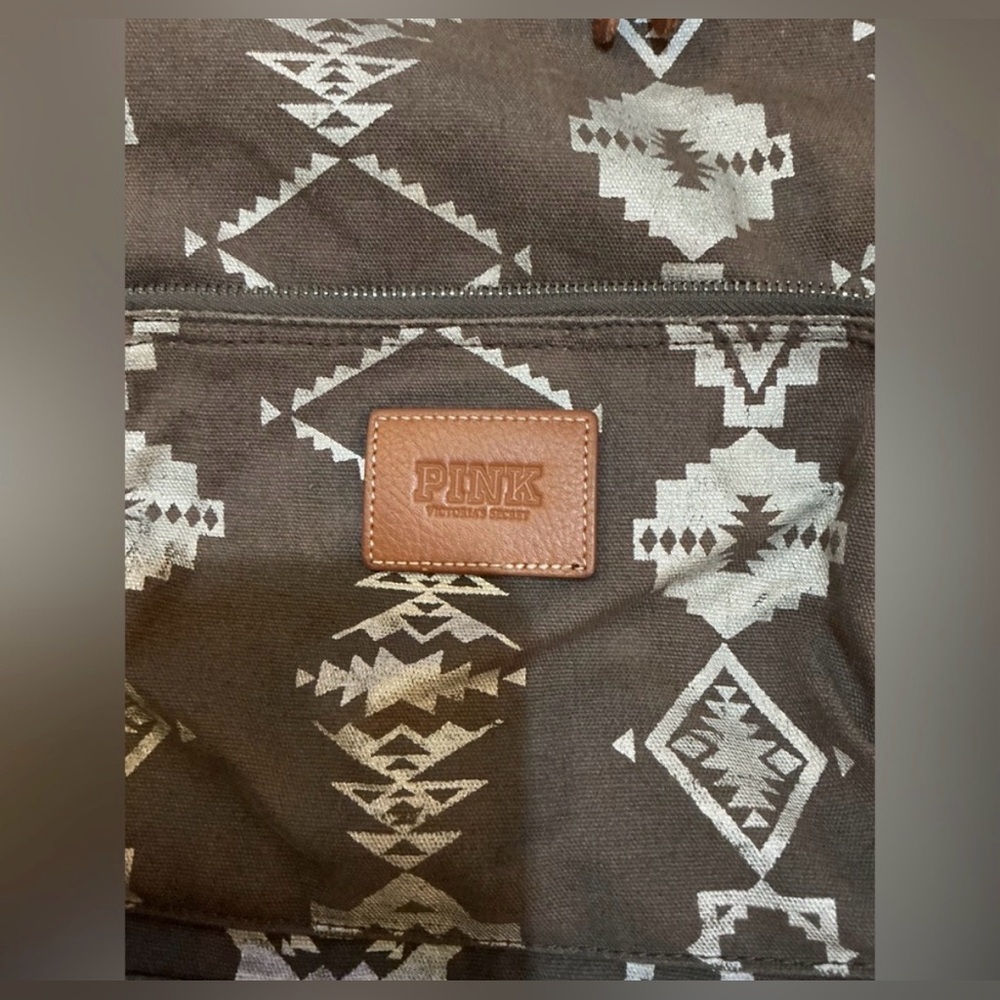 PINK Victoria's Secret Brown Canvas Backpack with White Tribal Print
